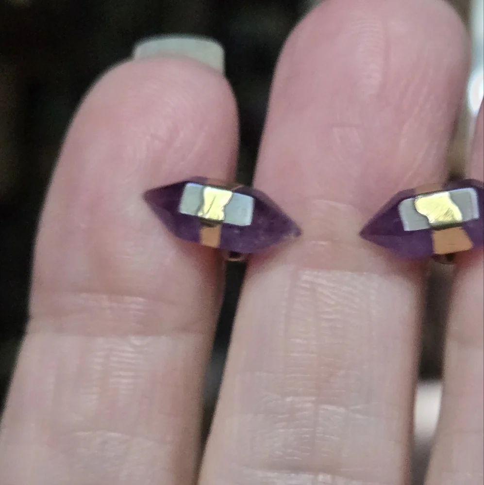 Amethyst natural crystal gemstone sterling & gold earrings - Picture 2 of 8